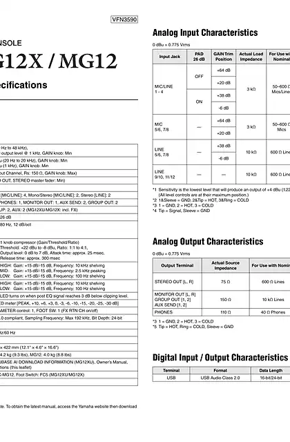 yamaha雅马哈MG12XU_MG12X_MG12 Technical Specifications